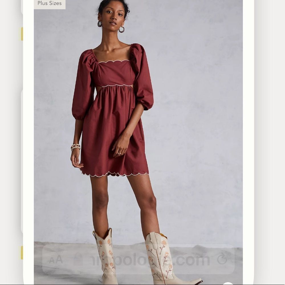 New Forever That Girl Anthropologie Scalloped Mini Dress Rusty Brown Medium